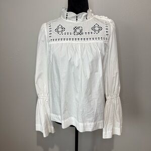 Free People White Victorian Eyelet Blouse – High Neck – Bell Sleeves – Size S/P
